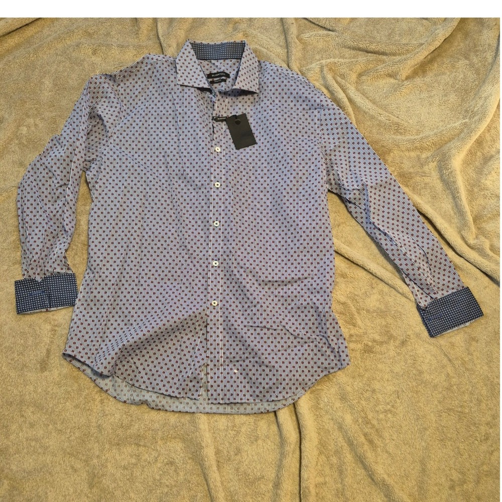 Bugatchi Men XL Shaped Fit Button Down Shirt Blue White Stripe Floral NS7201L44S